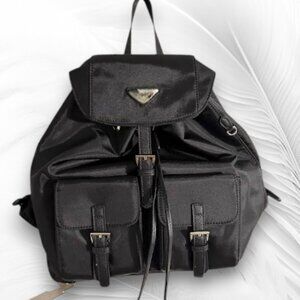 Black Nylon Backpack with Front Buckle Pockets and Drawstring Closure